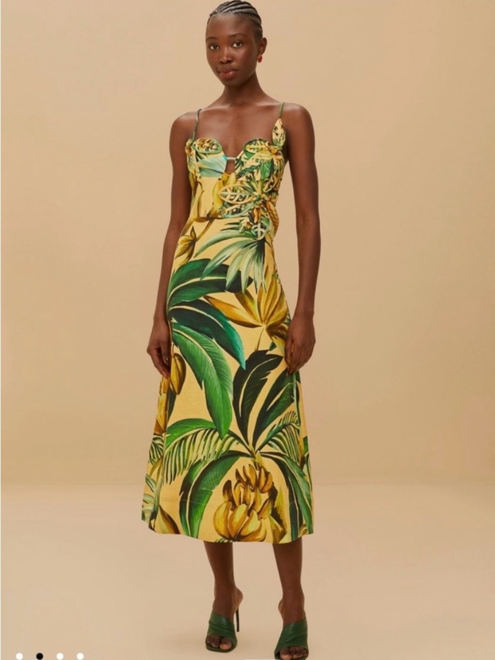 NWT Farm Rio - Yellow Bananart 3D Bodice Midi Dress - Tropical Dress